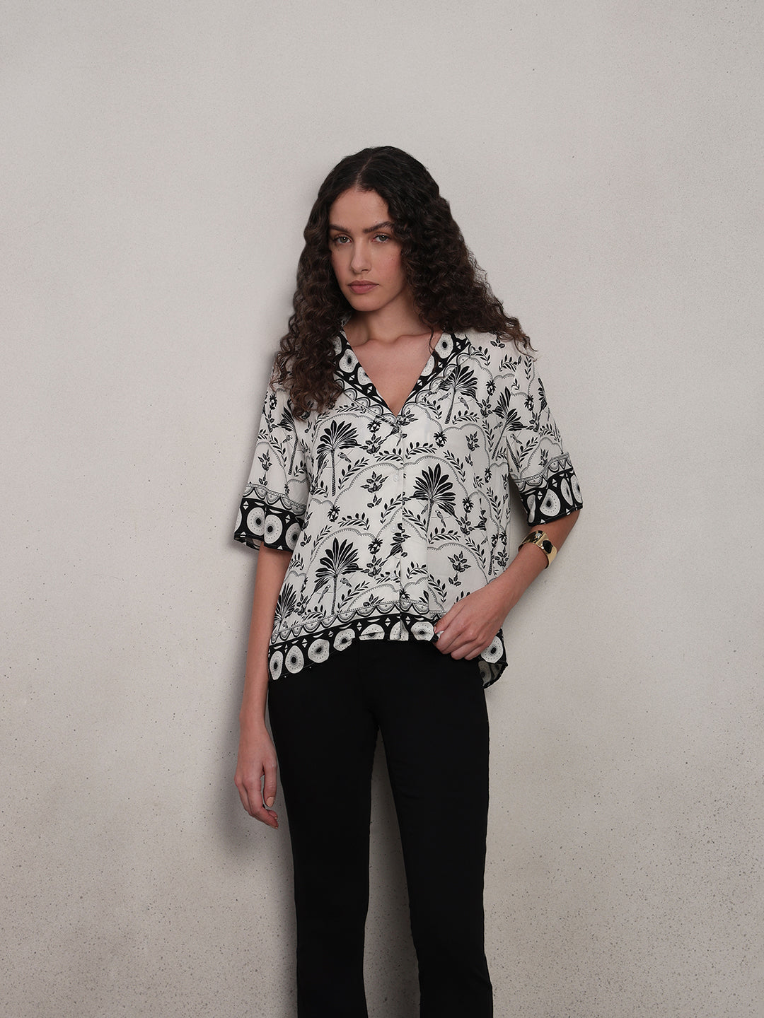Floral Viscose Short Sleeves Shirt - White