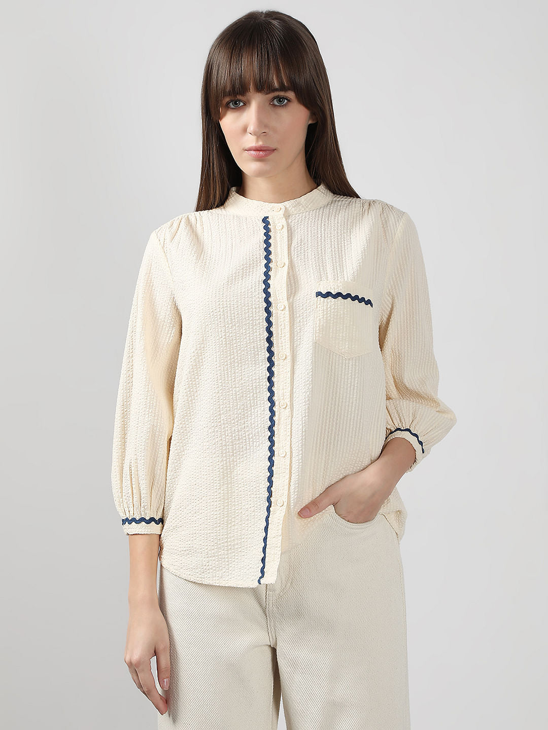 Ecru Lace Trim Cotton Shirt