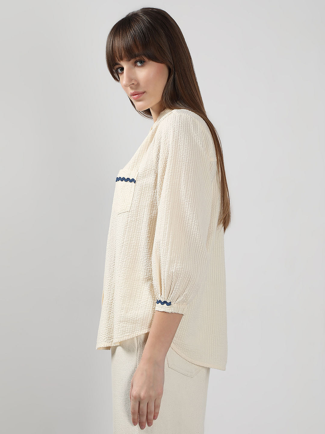 Ecru Lace Trim Cotton Shirt