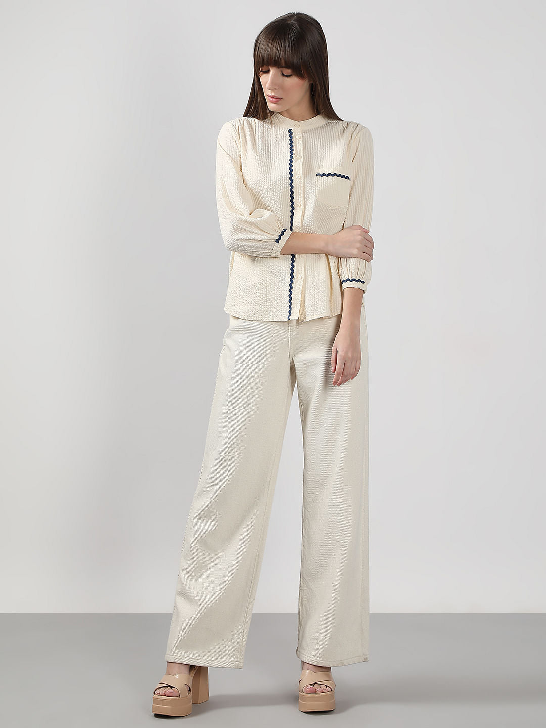 Ecru Lace Trim Cotton Shirt