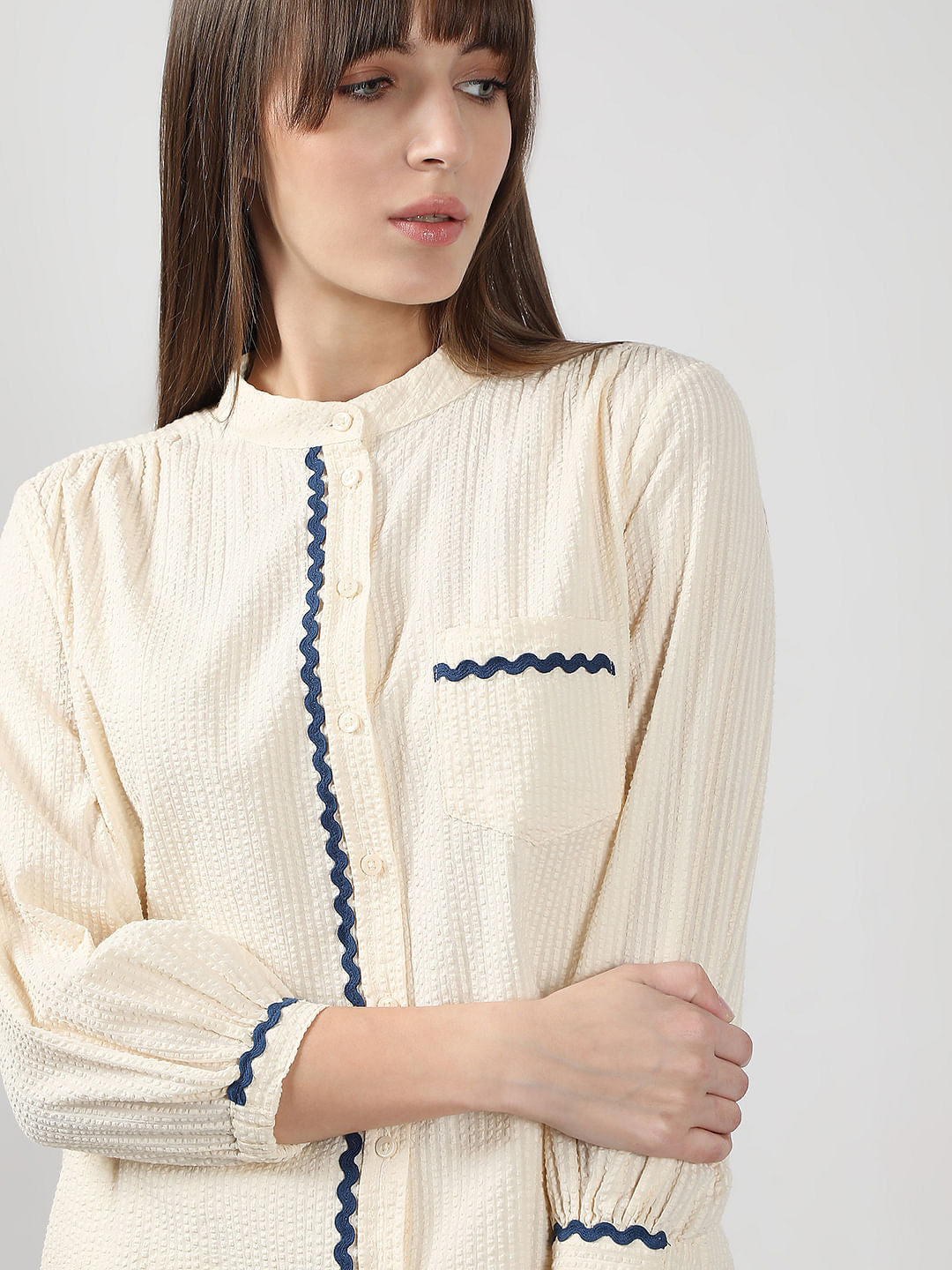 Ecru Lace Trim Cotton Shirt