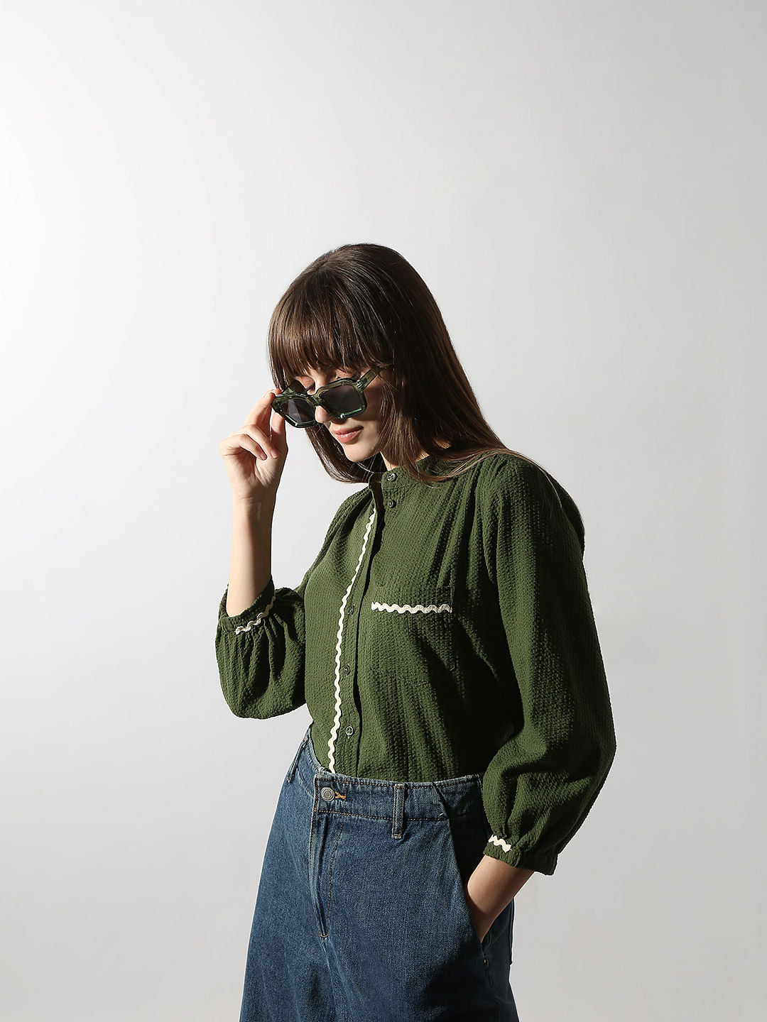 Dark Green Lace Trim Cotton Shirt