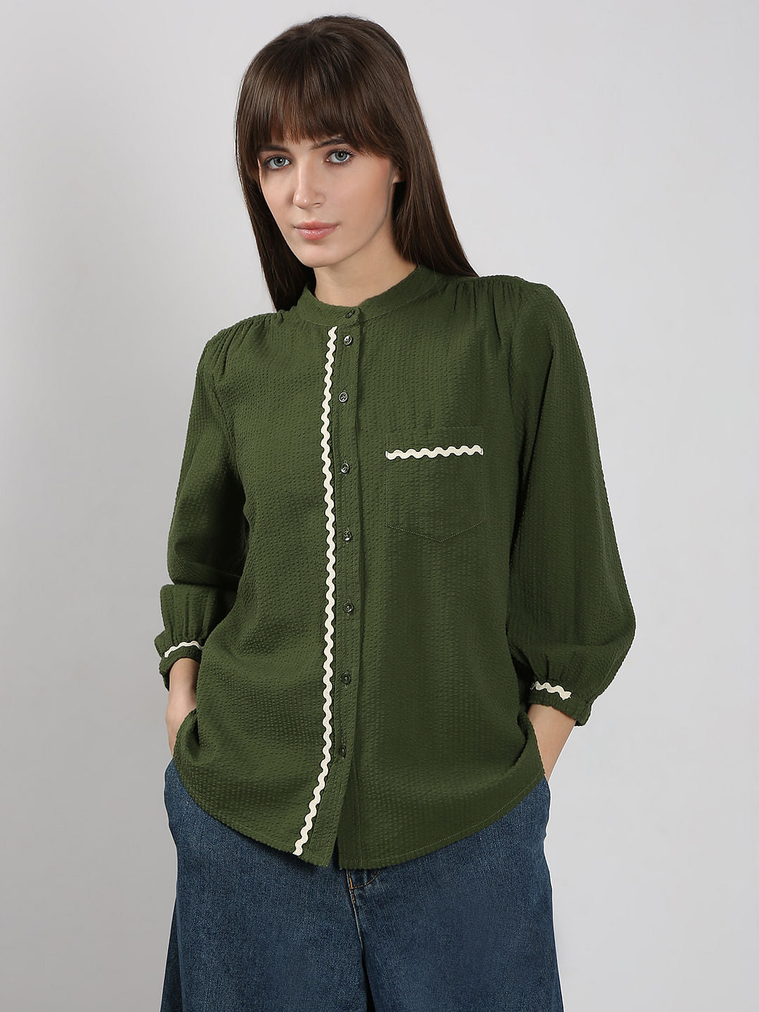 Dark Green Lace Trim Cotton Shirt
