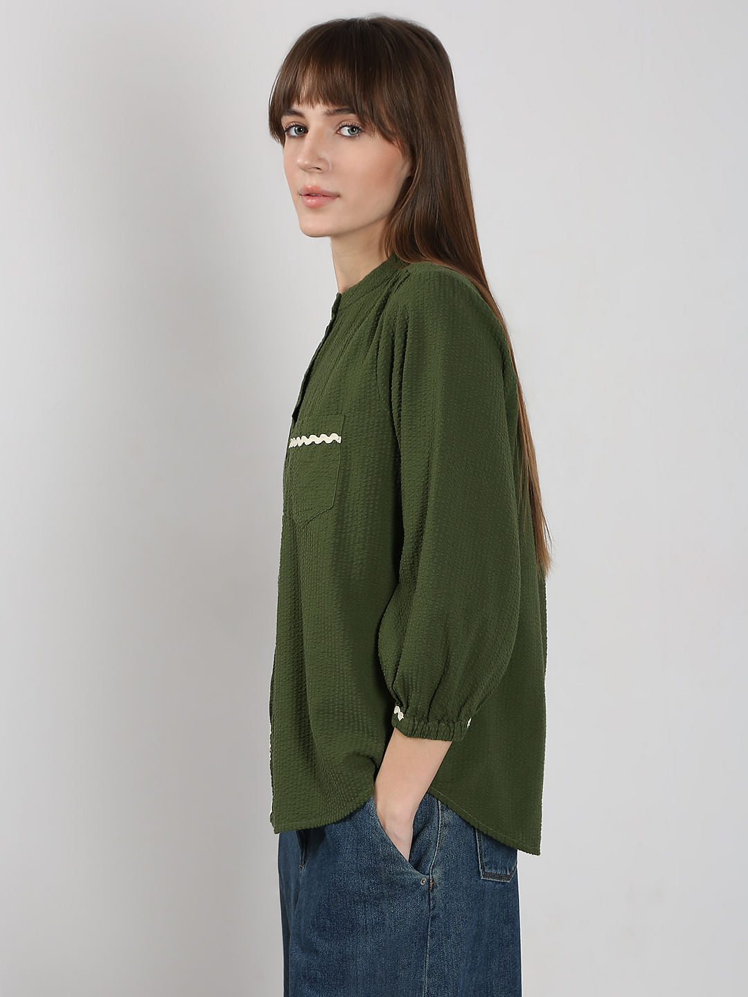Dark Green Lace Trim Cotton Shirt