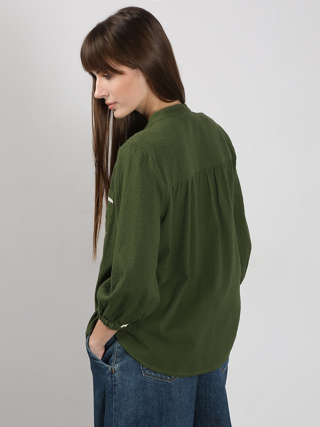 Dark Green Lace Trim Cotton Shirt