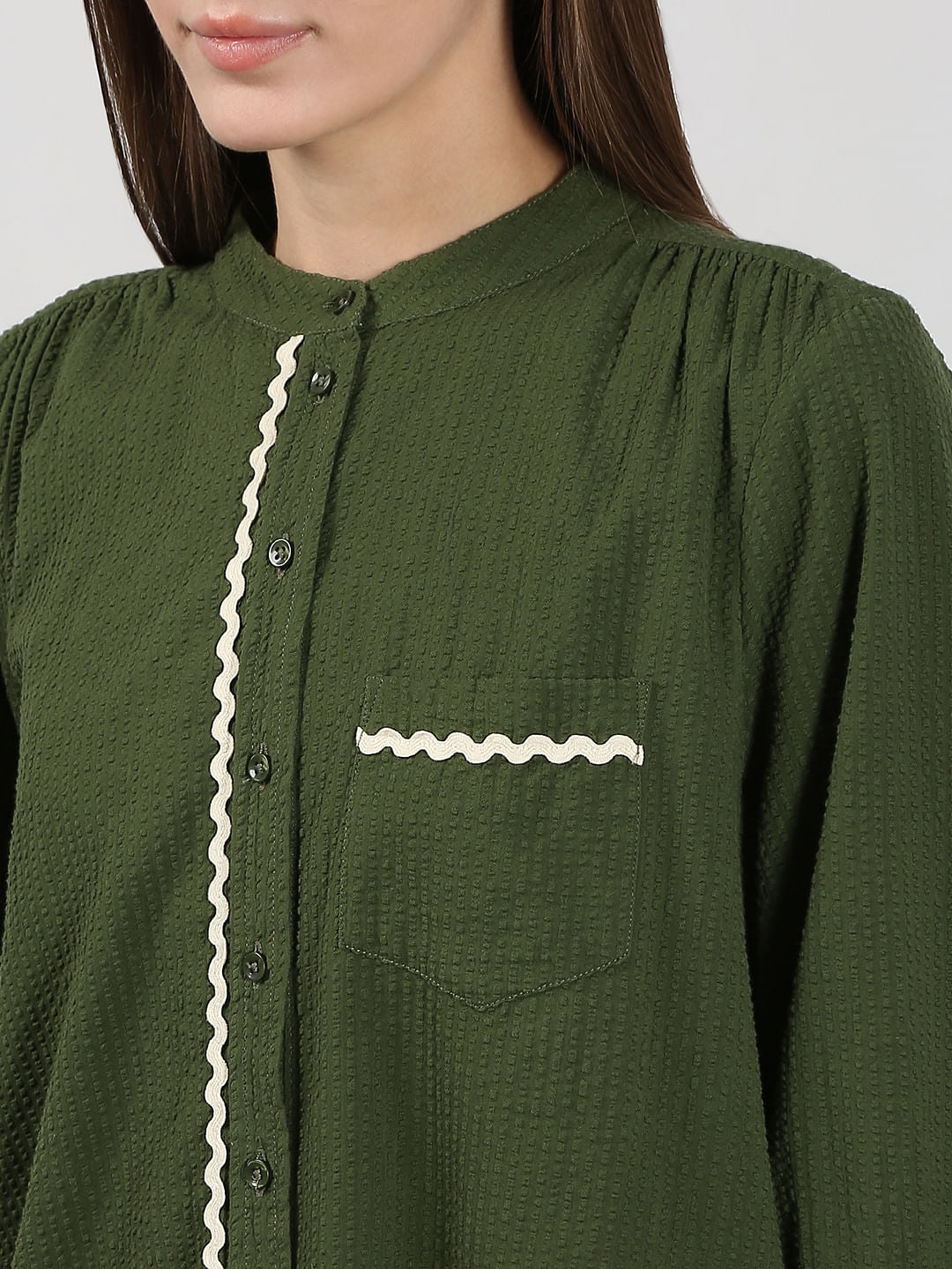 Dark Green Lace Trim Cotton Shirt