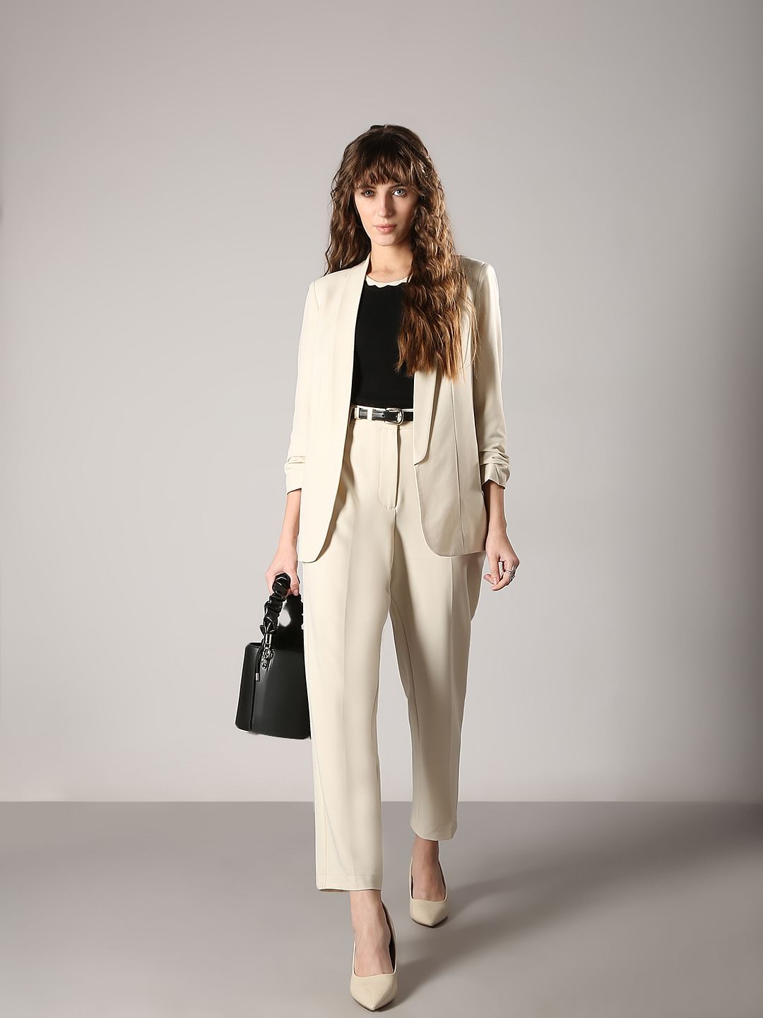 Beige Ankle Length Formal Pants