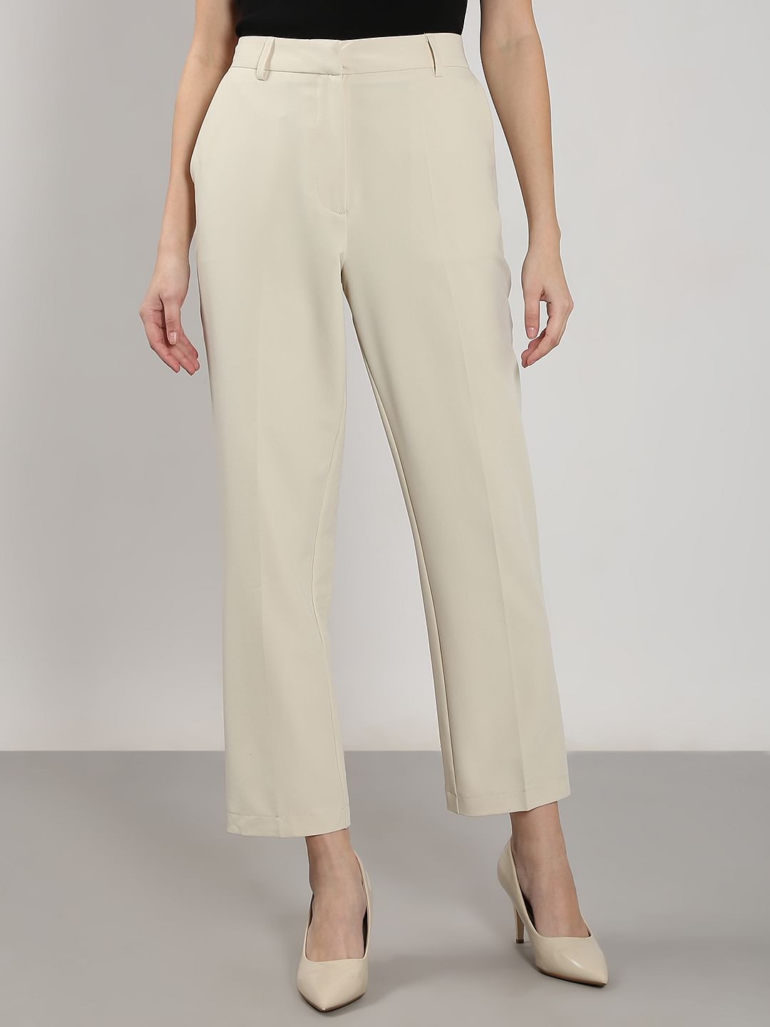 Beige Ankle Length Formal Pants