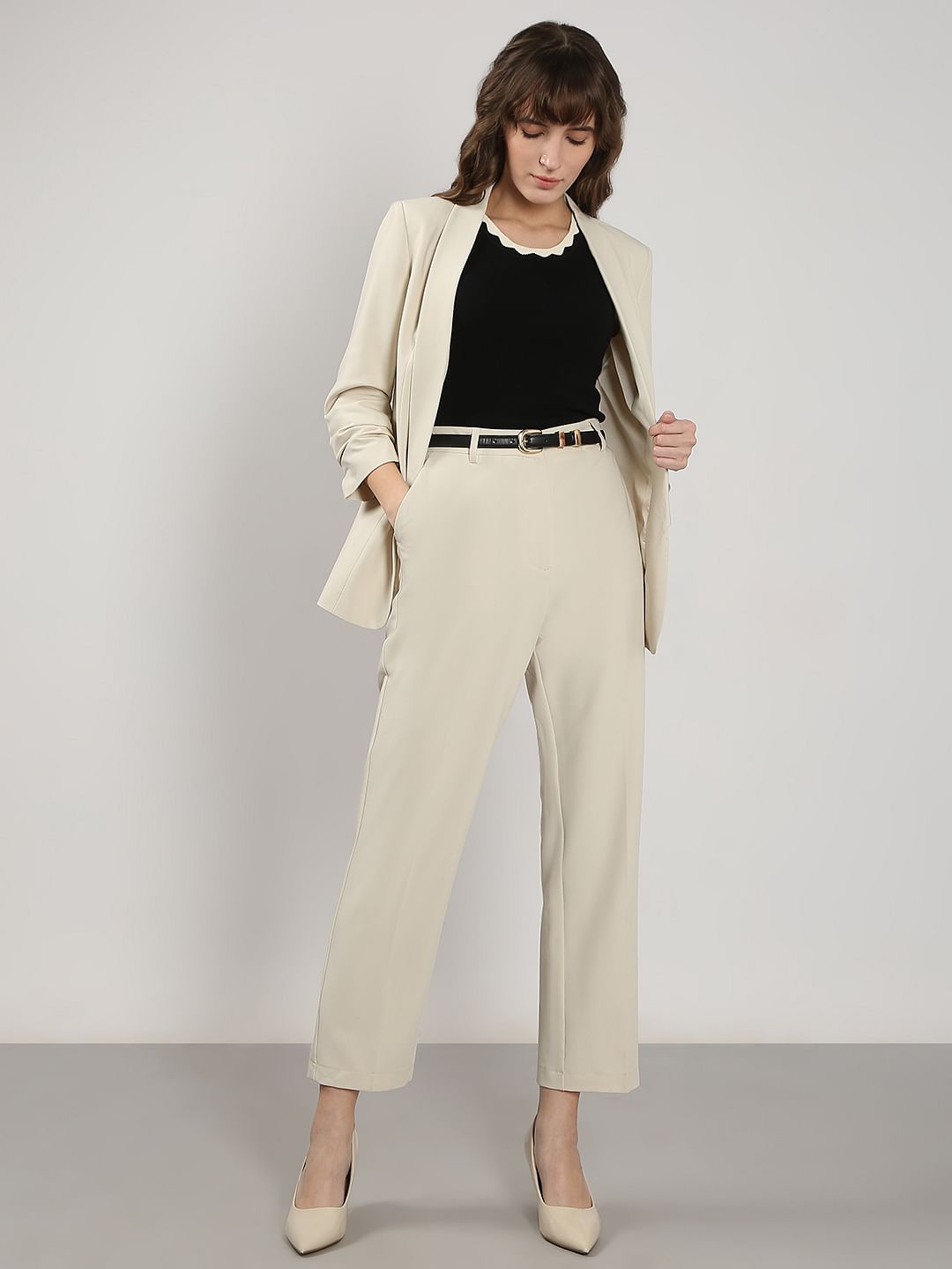 Beige Ankle Length Formal Pants