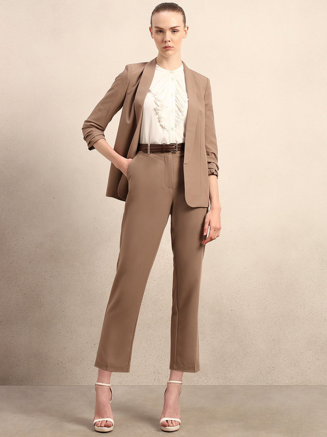 Brown Cropped Slim Fit Pants