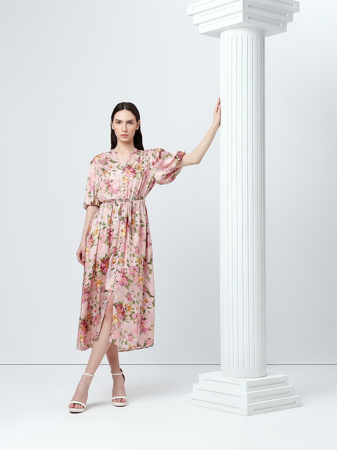 Pink Floral Print Midaxi Dress