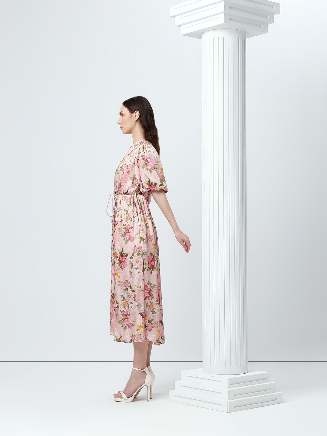 Pink Floral Print Midaxi Dress