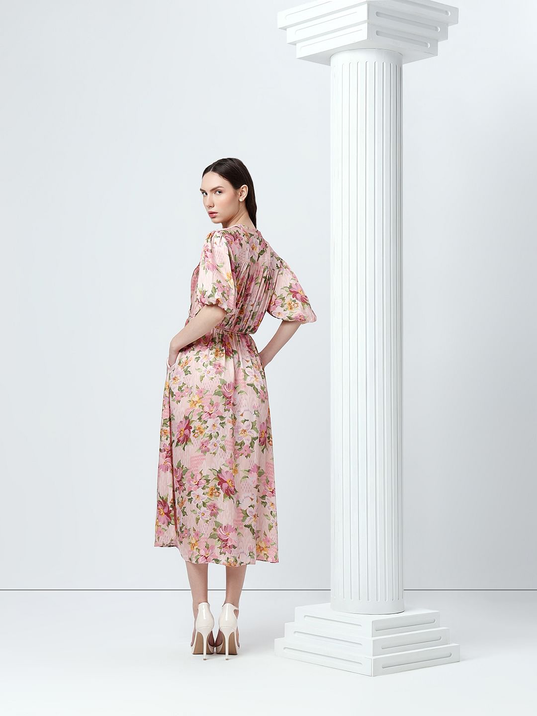 Pink Floral Print Midaxi Dress