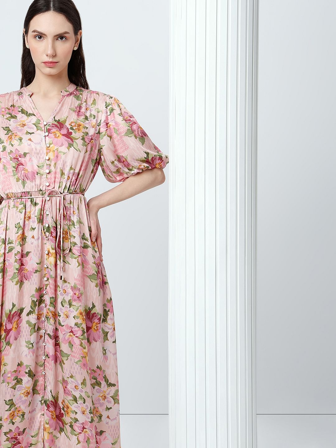 Pink Floral Print Midaxi Dress