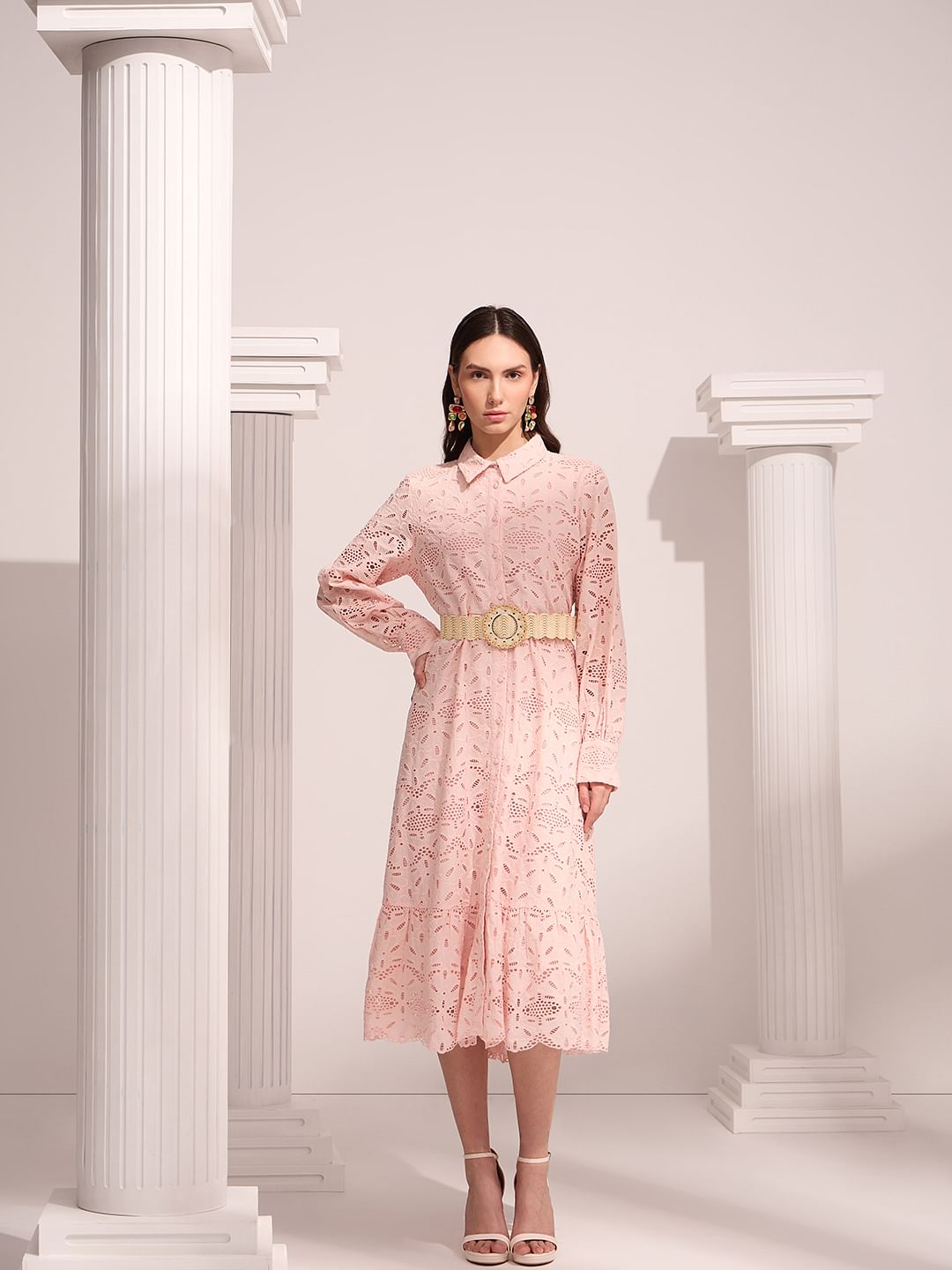 Light Pink Schiffli Midi Shirt Dress