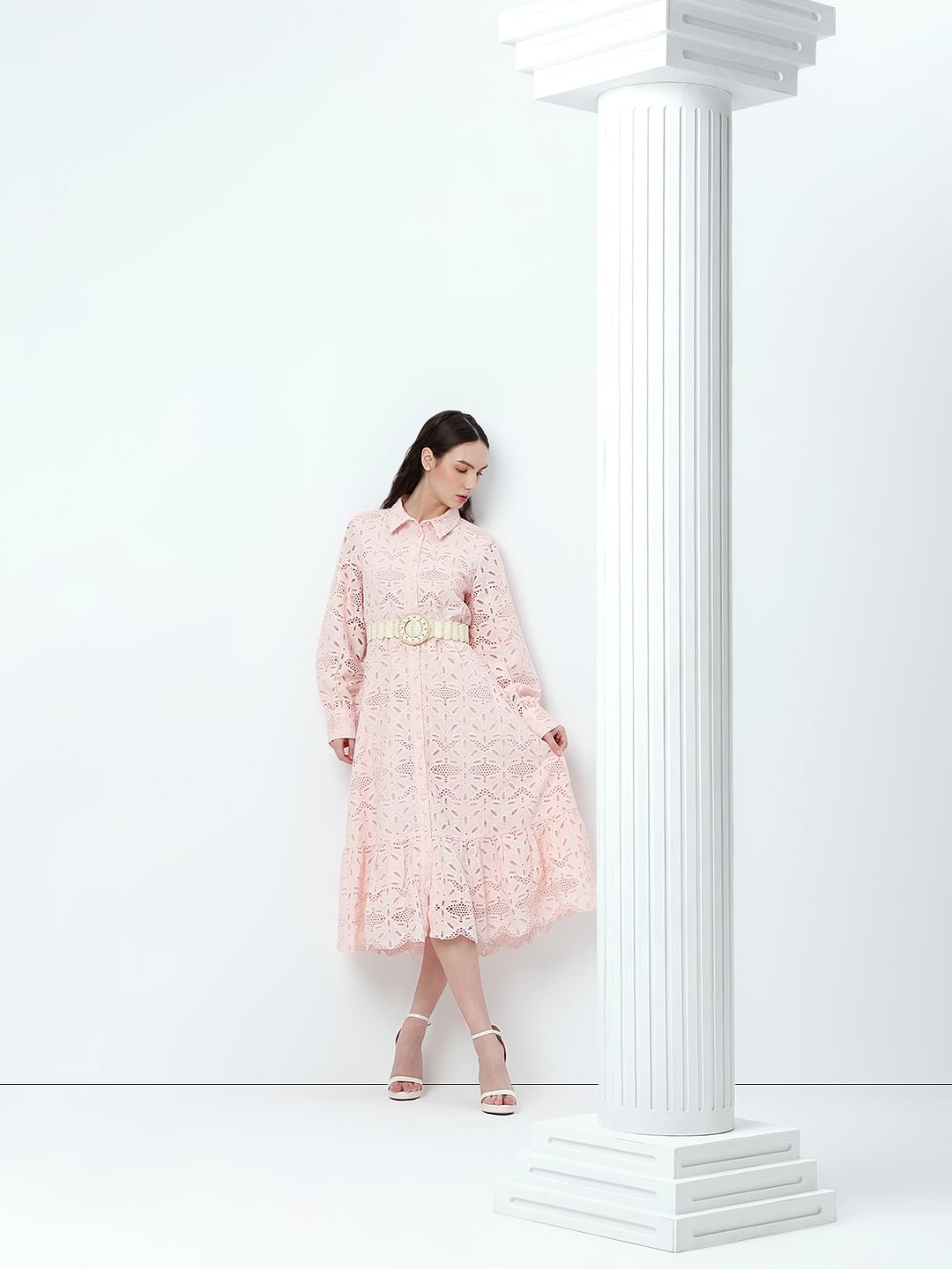 Light Pink Schiffli Midi Shirt Dress