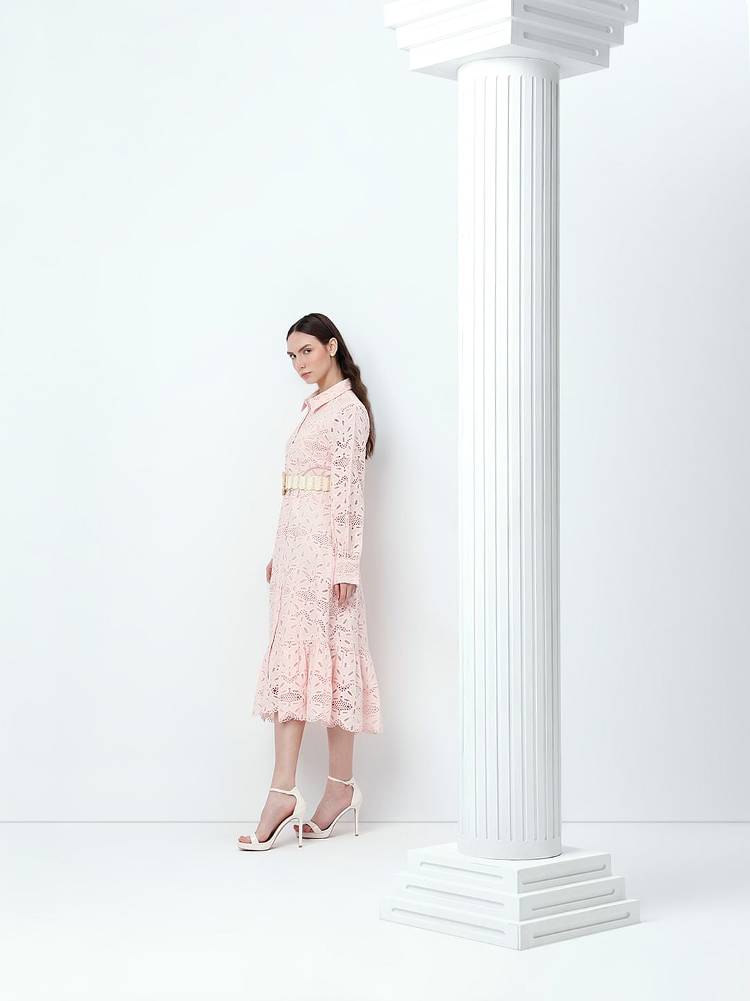 Light Pink Schiffli Midi Shirt Dress