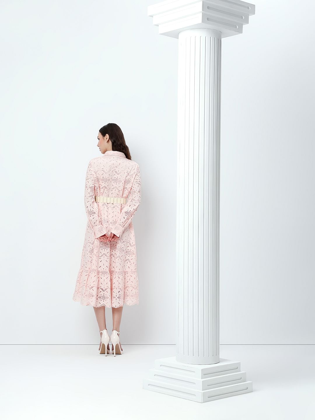 Light Pink Schiffli Midi Shirt Dress