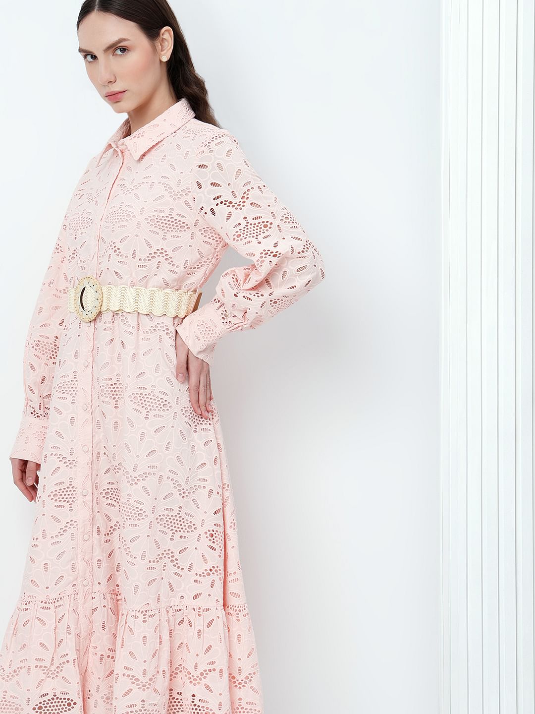 Light Pink Schiffli Midi Shirt Dress