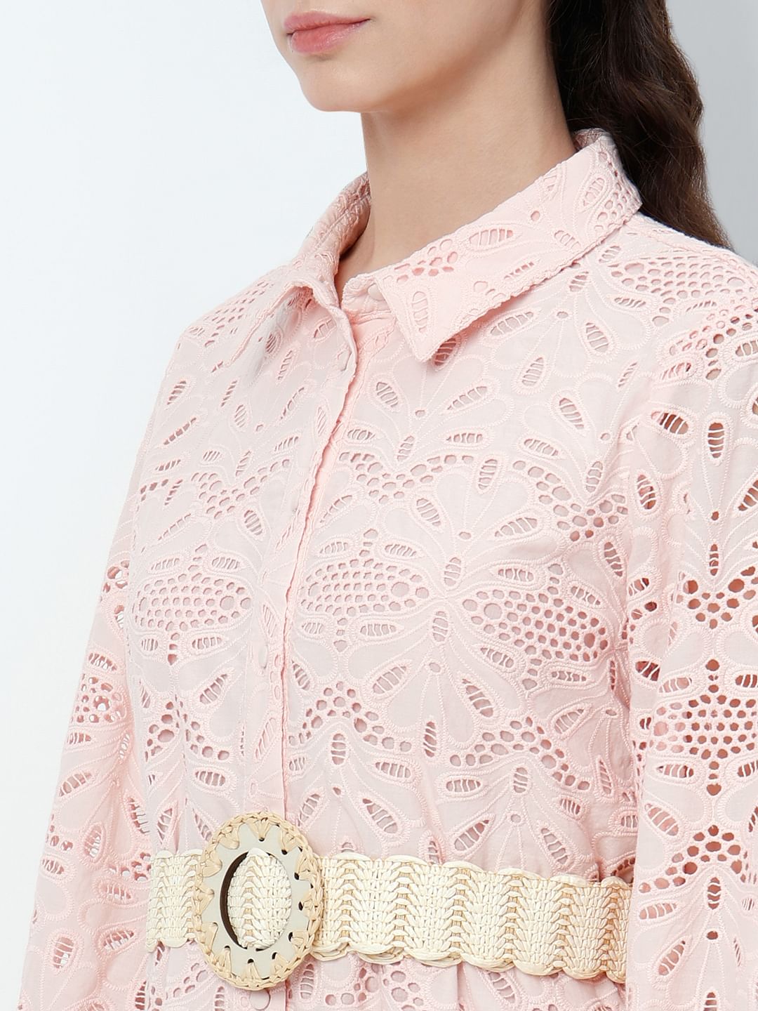 Light Pink Schiffli Midi Shirt Dress