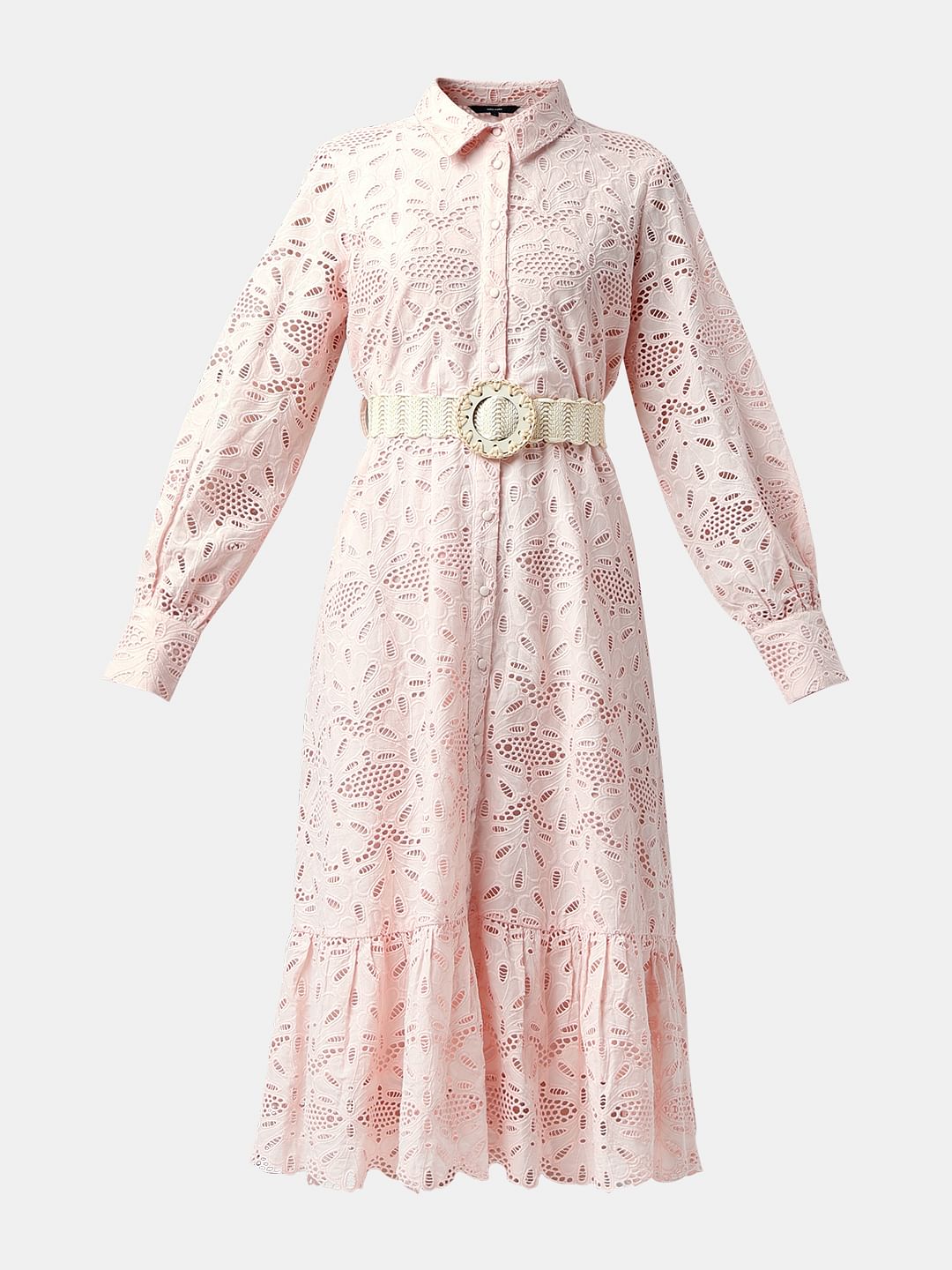 Light Pink Schiffli Midi Shirt Dress