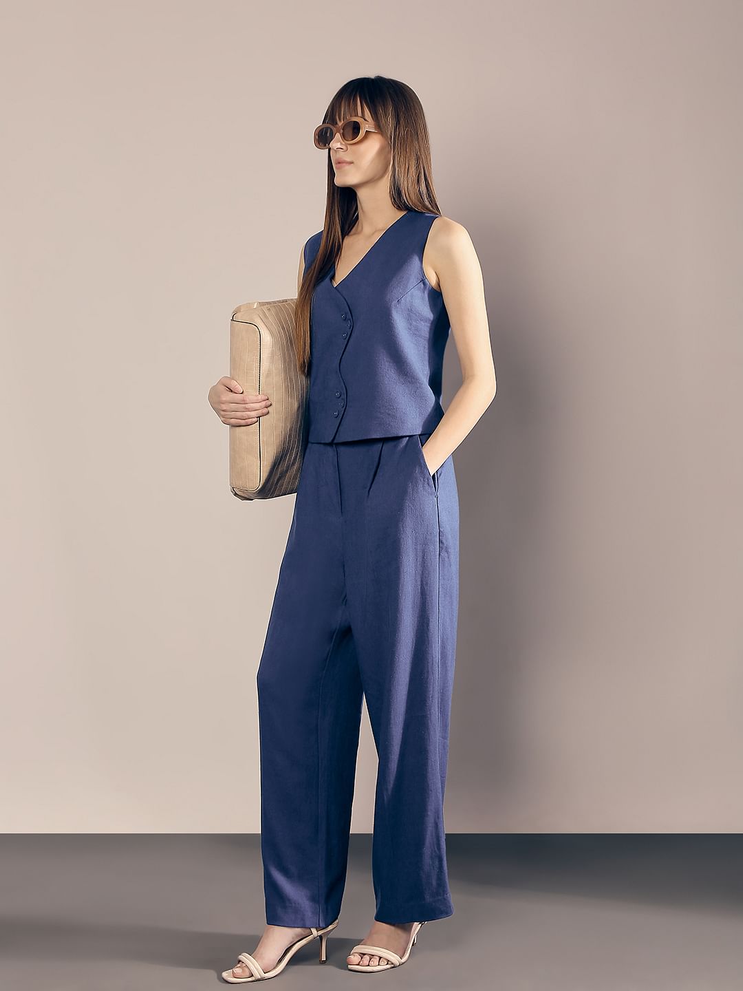 Blue Linen Co-Ord Set Pants