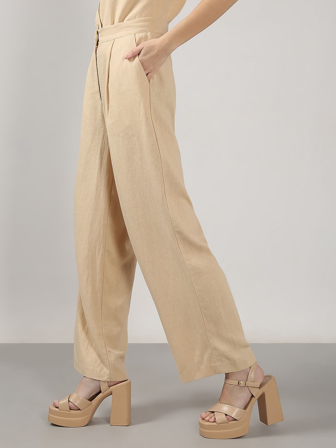 Beige High Rise Co-Ord Set Pants