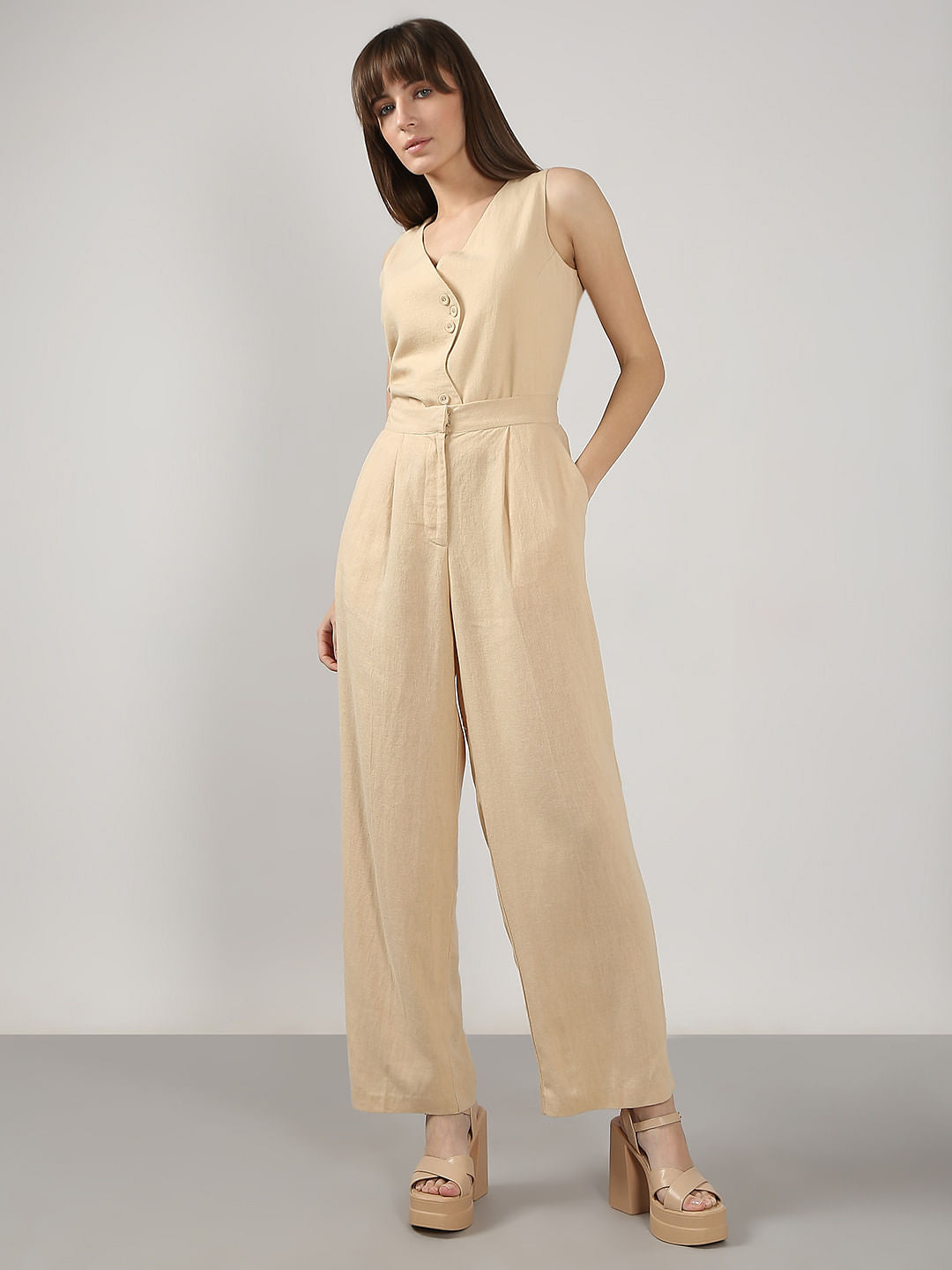 Beige High Rise Co-Ord Set Pants