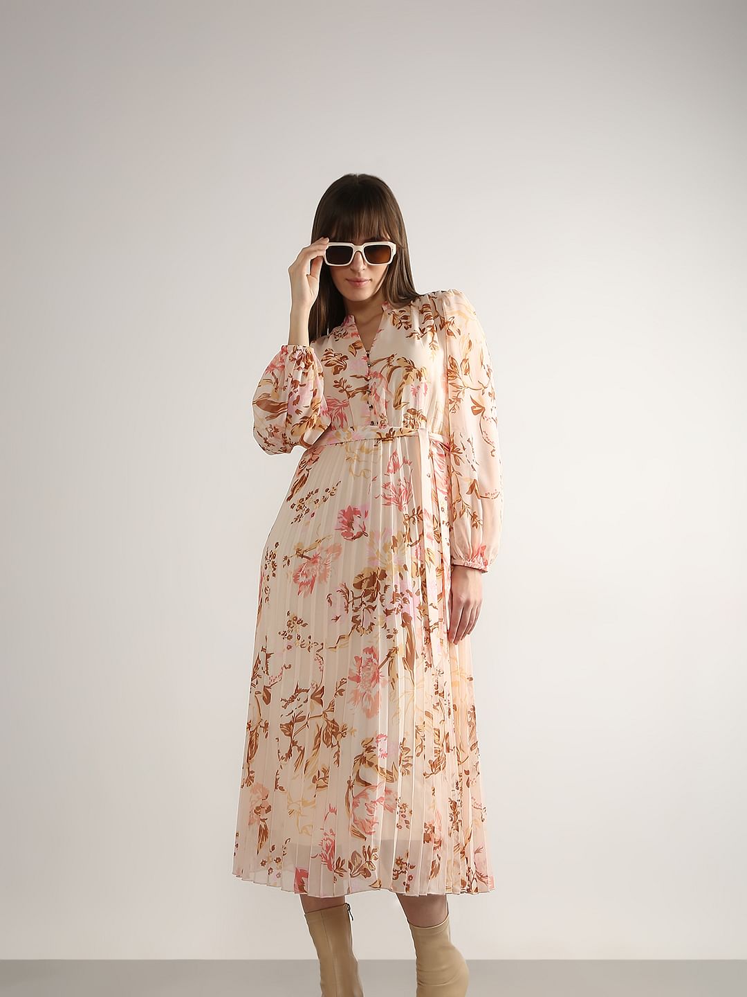 Beige Printed Pleated Midaxi Dress