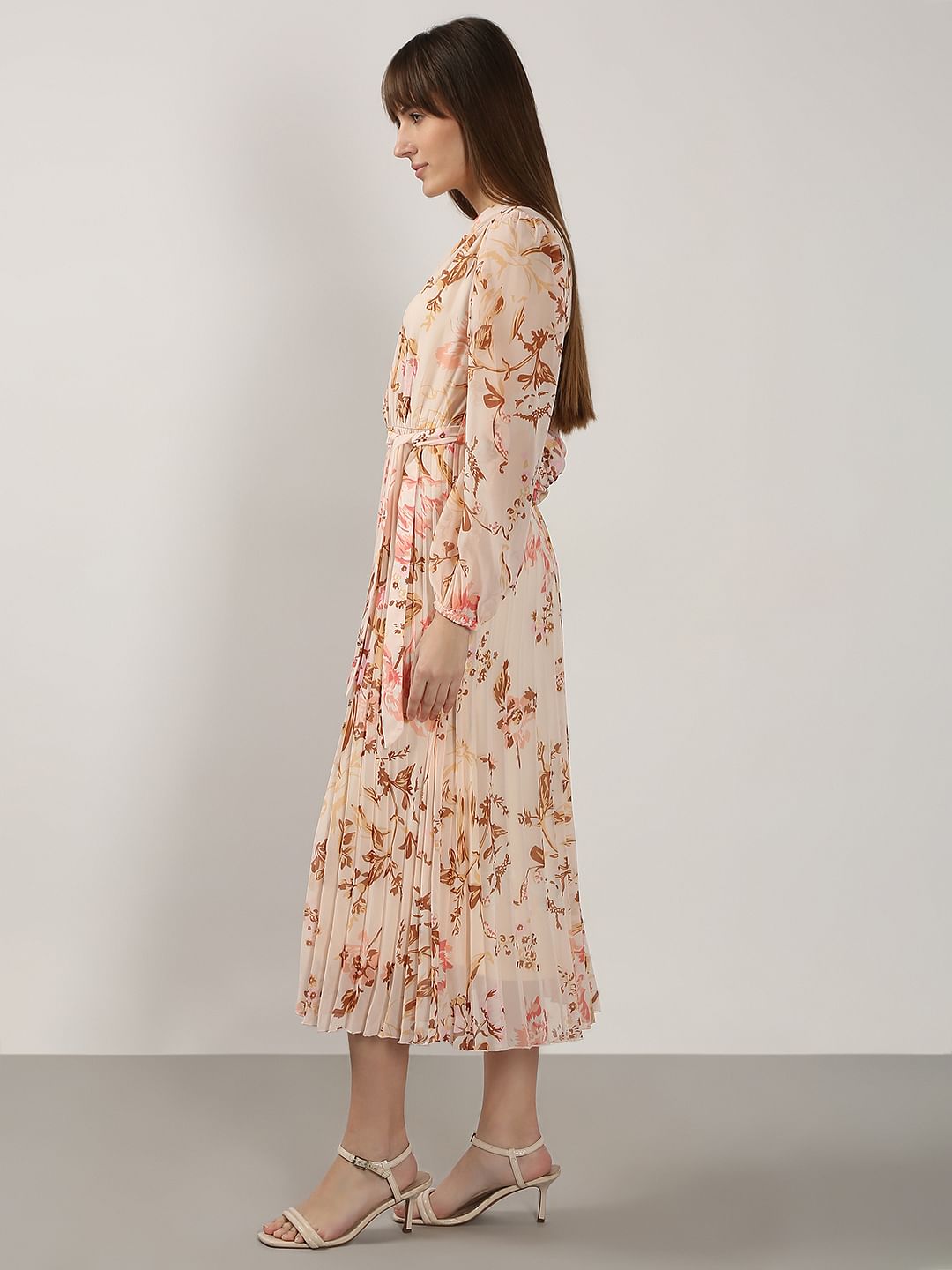 Beige Printed Pleated Midaxi Dress