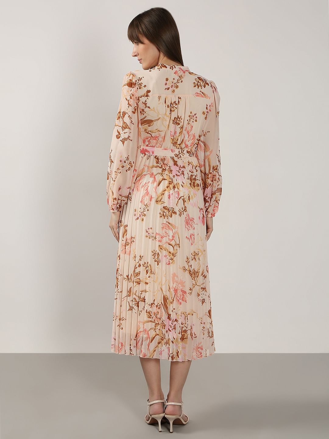 Beige Printed Pleated Midaxi Dress