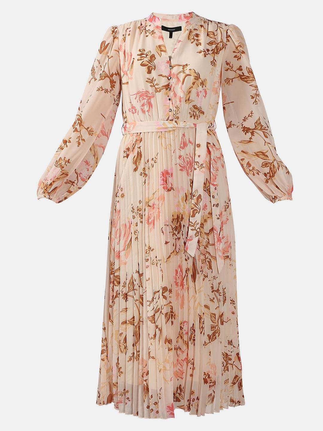 Beige Printed Pleated Midaxi Dress