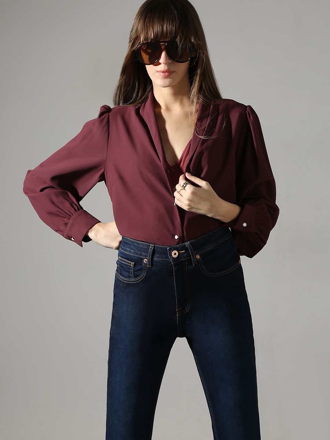 Wine Shawl Collar Shirt