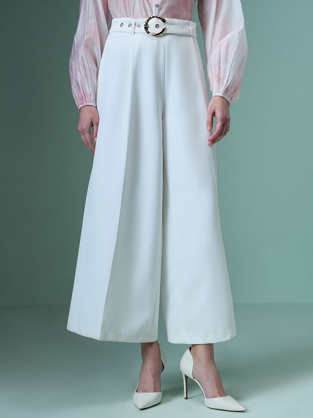 Marquee White Ankle Length Wide Leg Pants