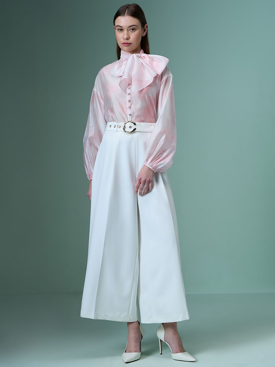 Marquee White Ankle Length Wide Leg Pants