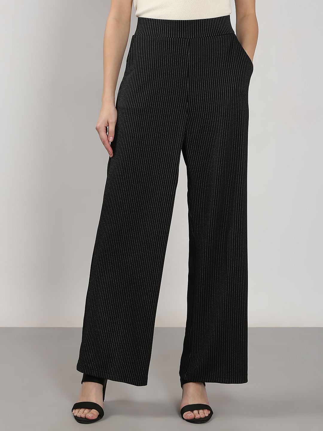 Black High Rise Striped Flared Pants