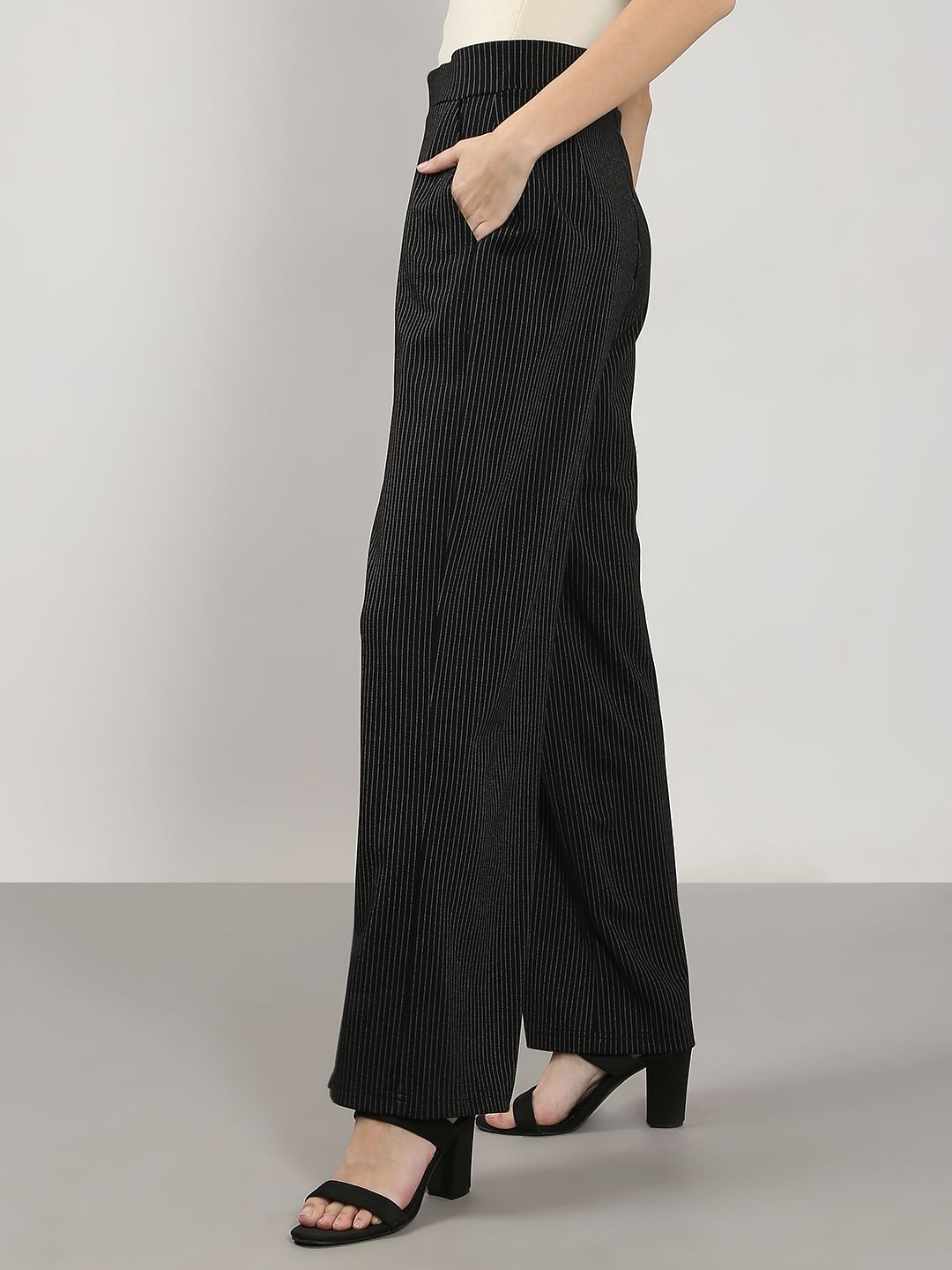 Black High Rise Striped Flared Pants