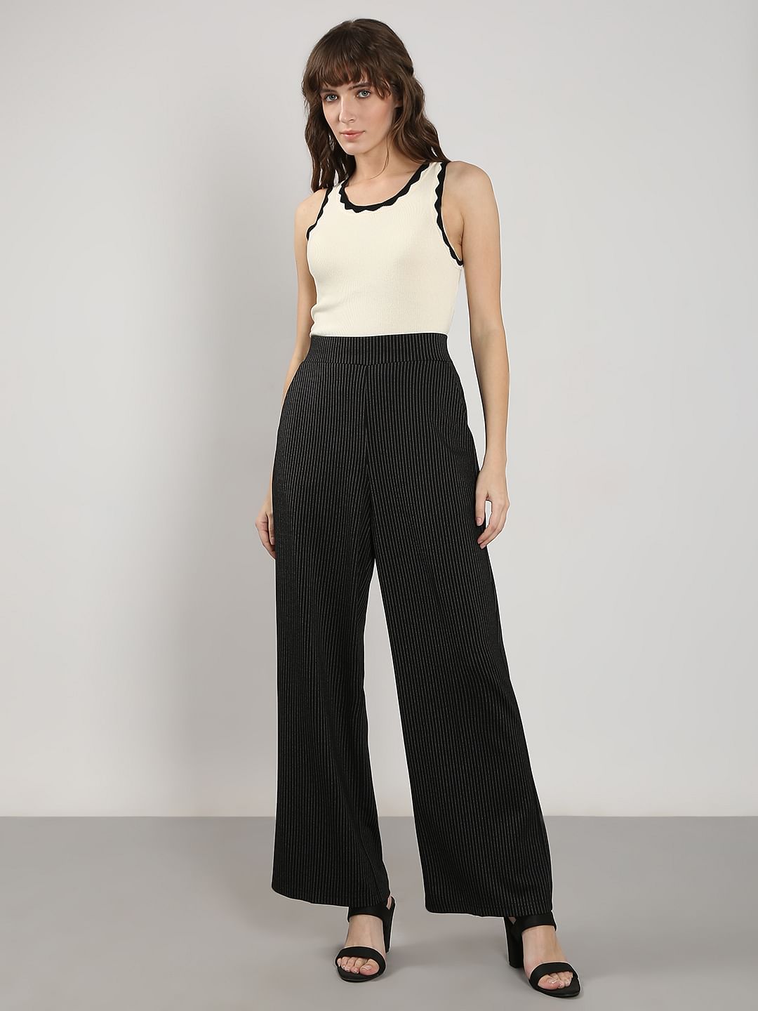 Black High Rise Striped Flared Pants