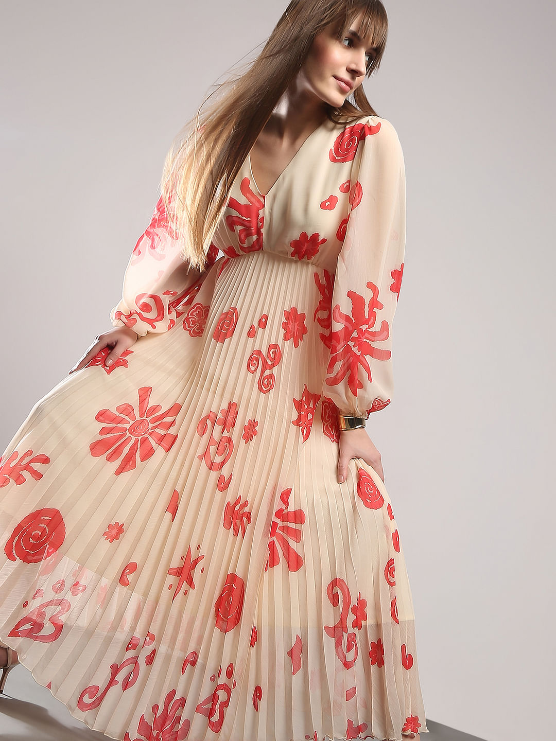 Beige Printed Pleated Midi Dress