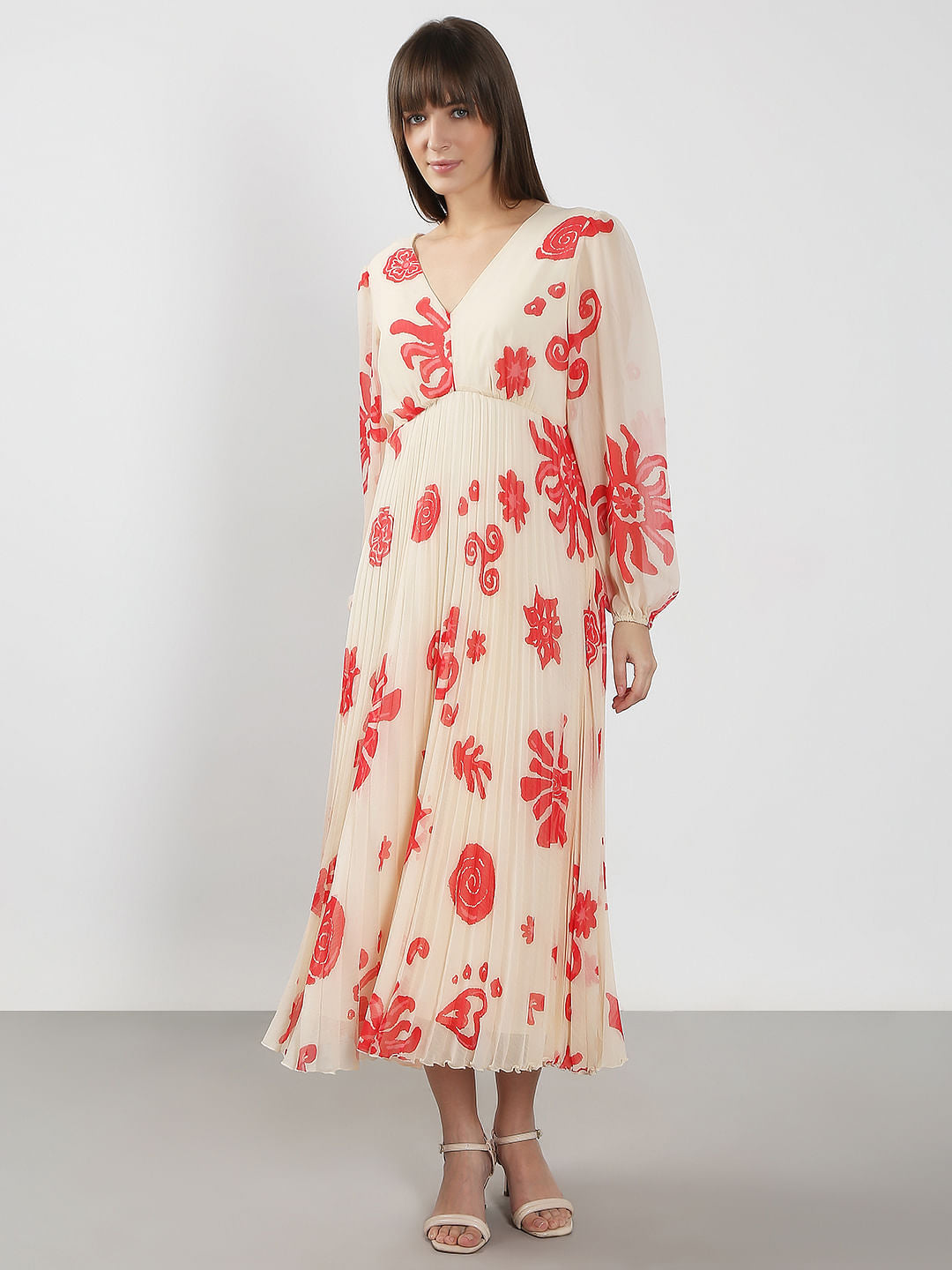 Beige Printed Pleated Midi Dress