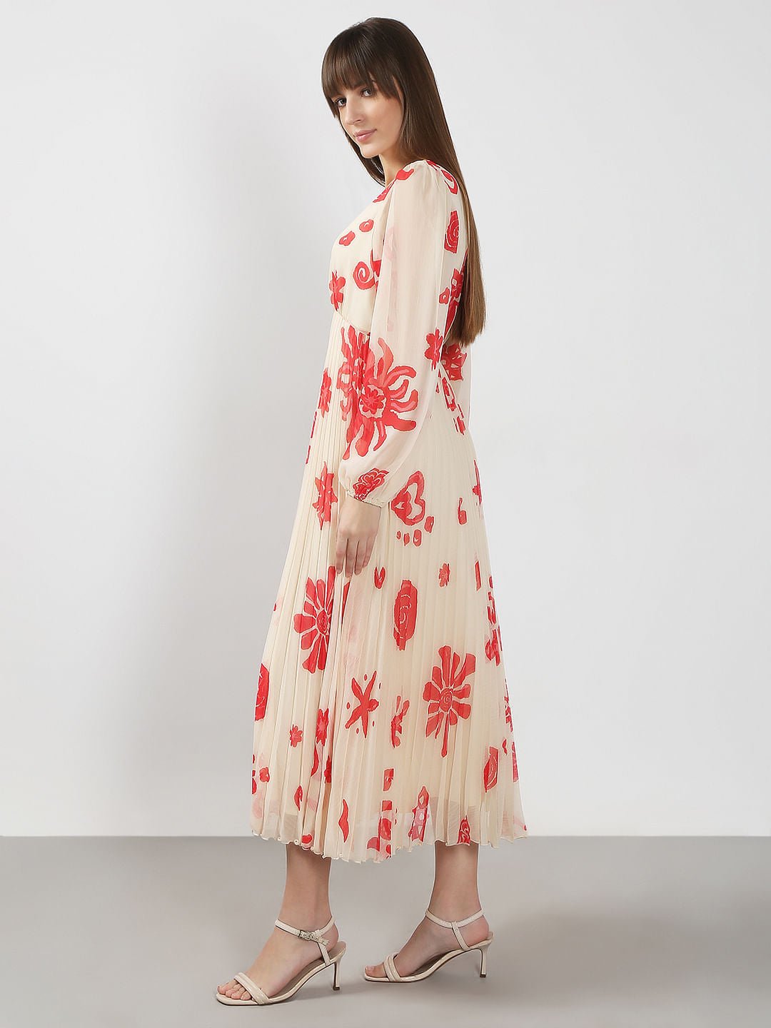 Beige Printed Pleated Midi Dress