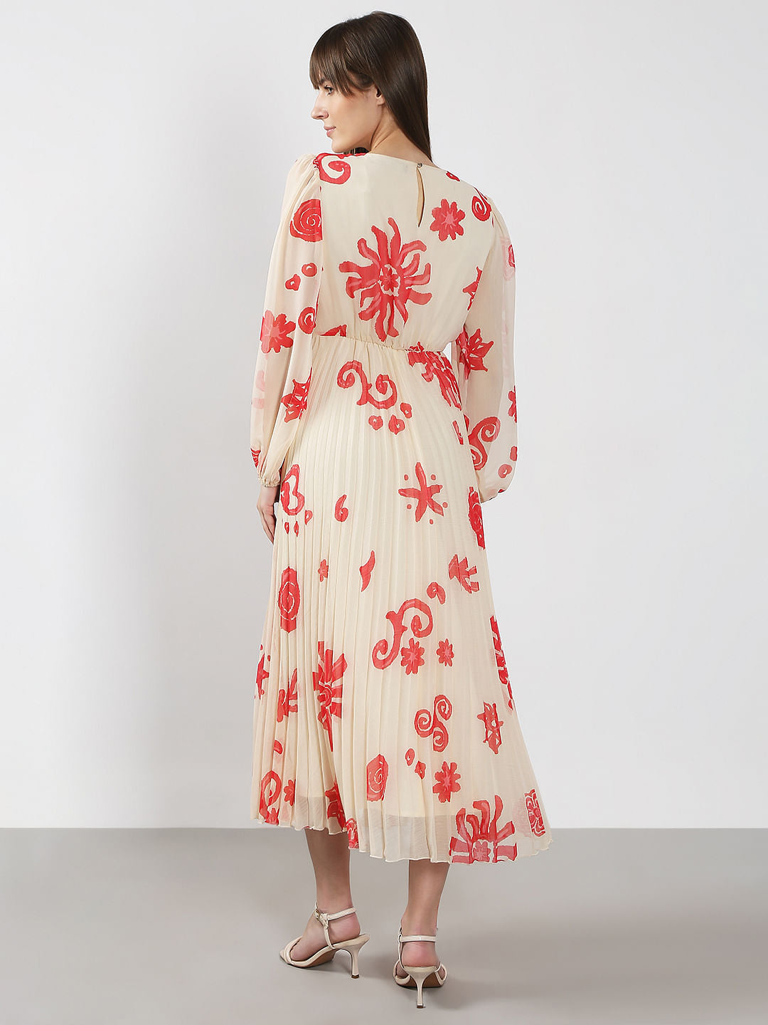 Beige Printed Pleated Midi Dress