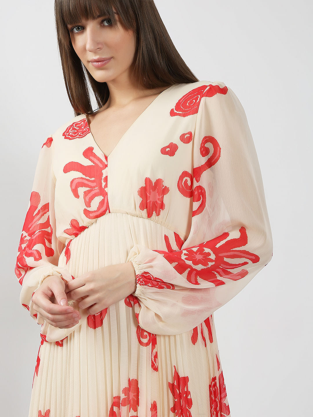 Beige Printed Pleated Midi Dress