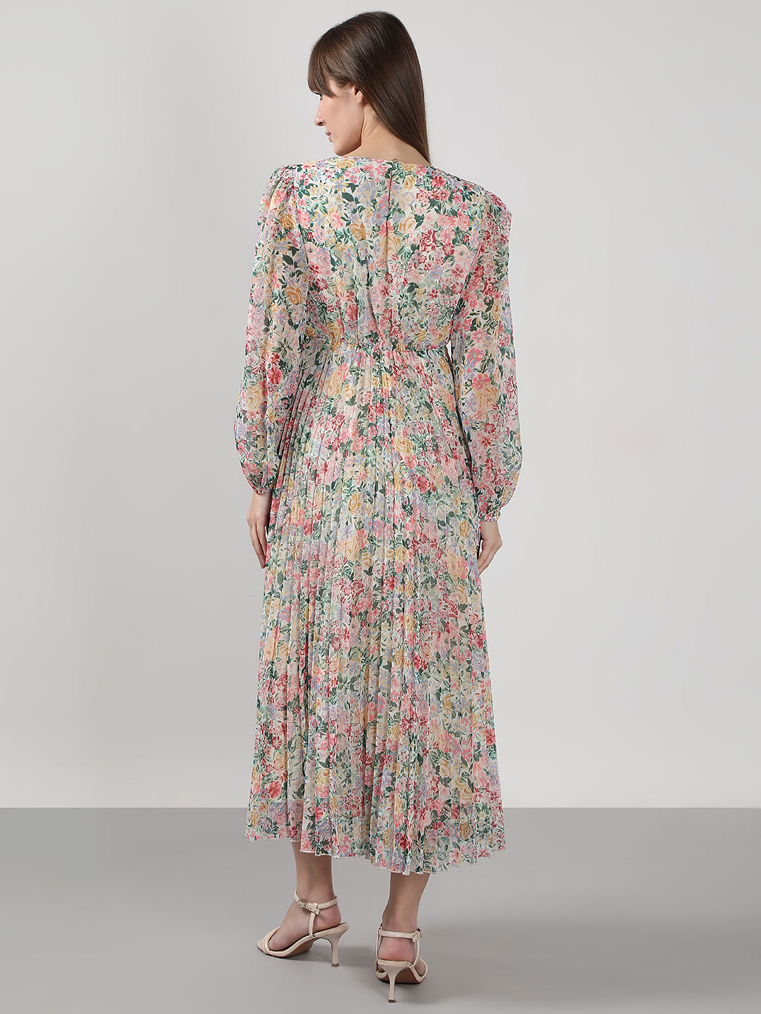 Multi-Colour Floral Pleated Midi Dress