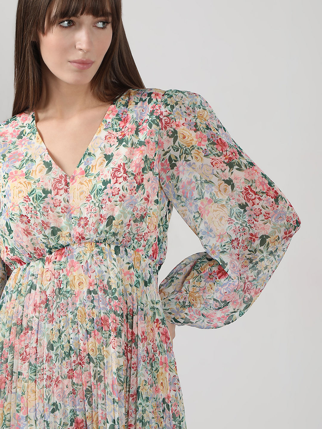 Multi-Colour Floral Pleated Midi Dress