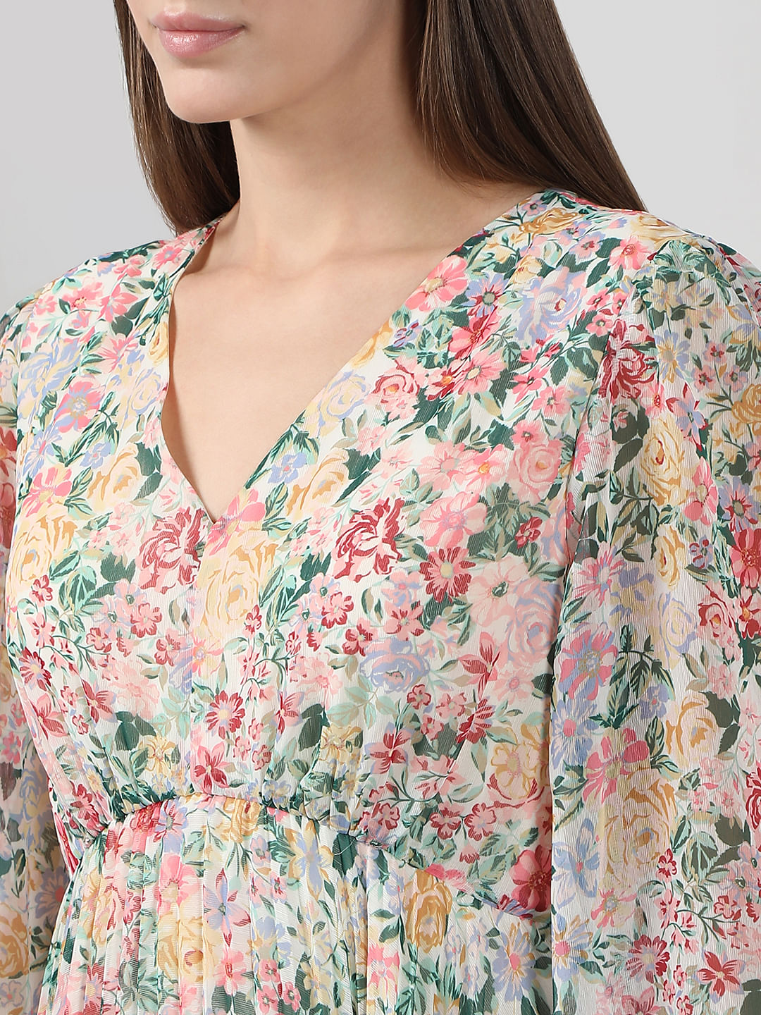 Multi-Colour Floral Pleated Midi Dress