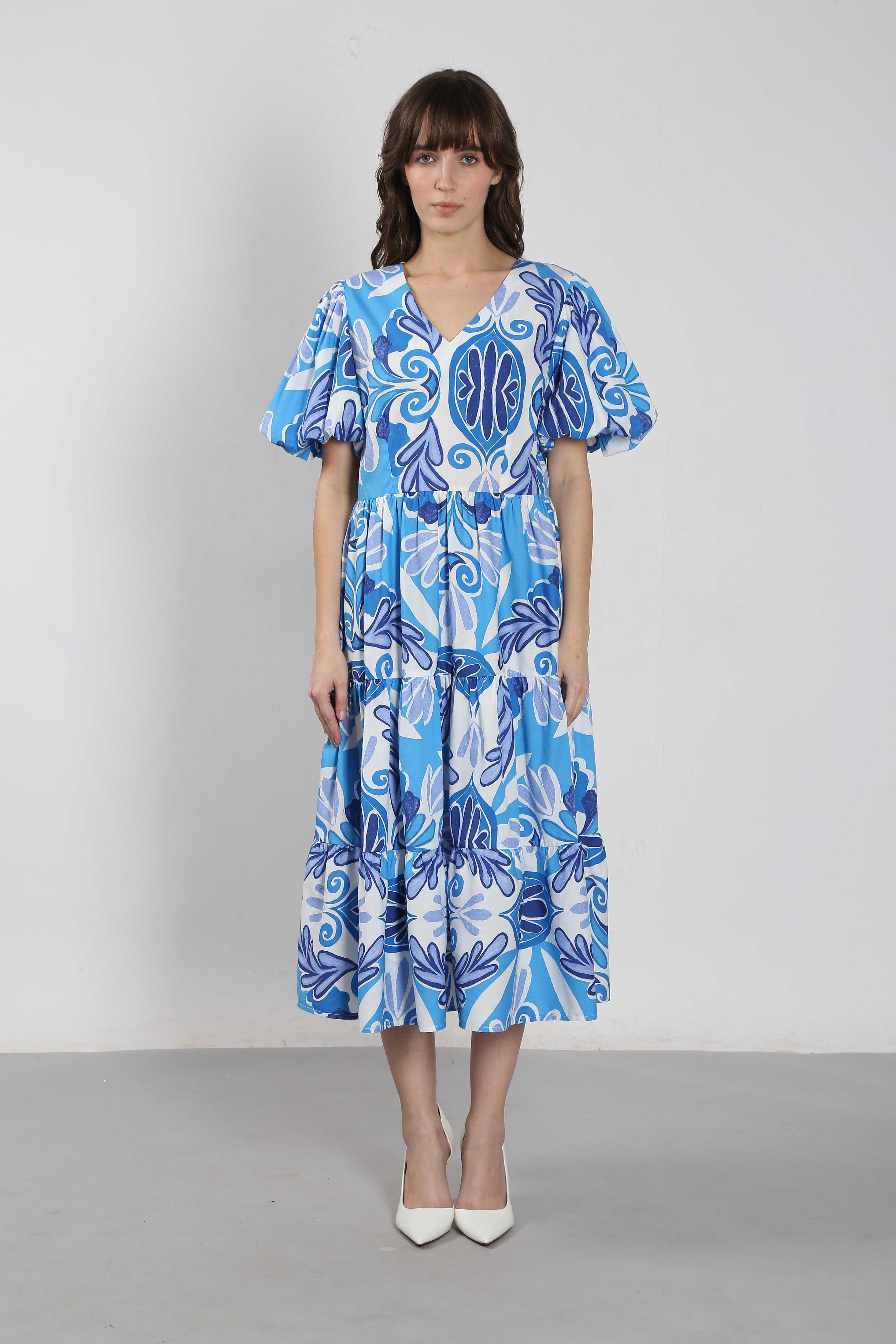 Vero Moda Blue Printed Cotton Midi Dress