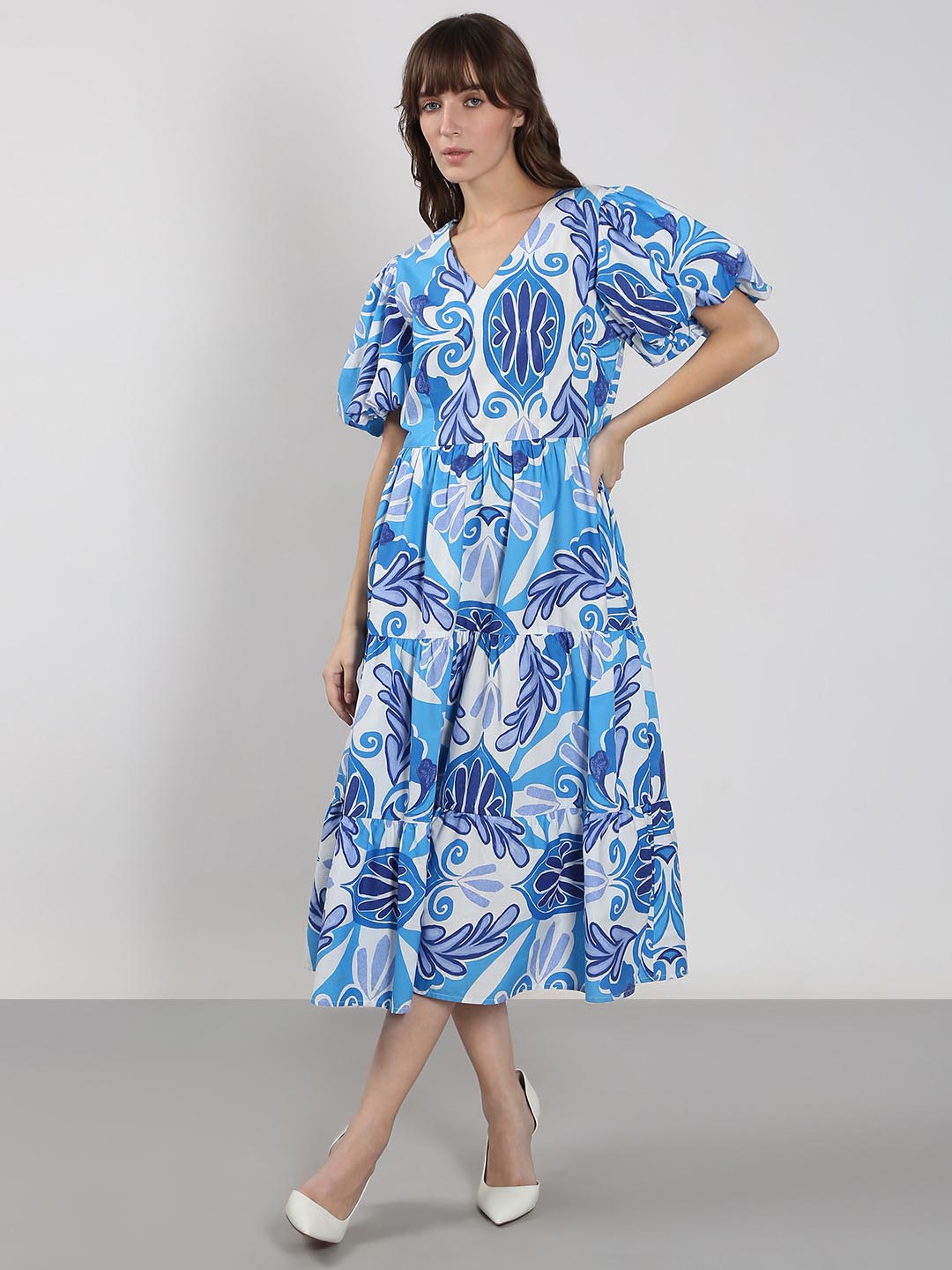 Vero Moda Blue Printed Cotton Midi Dress