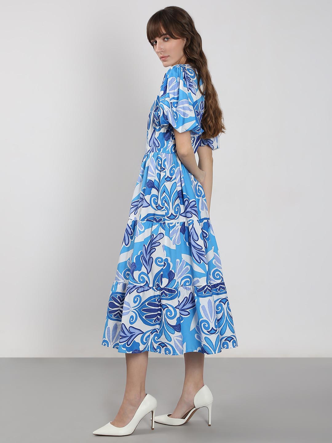 Vero Moda Blue Printed Cotton Midi Dress