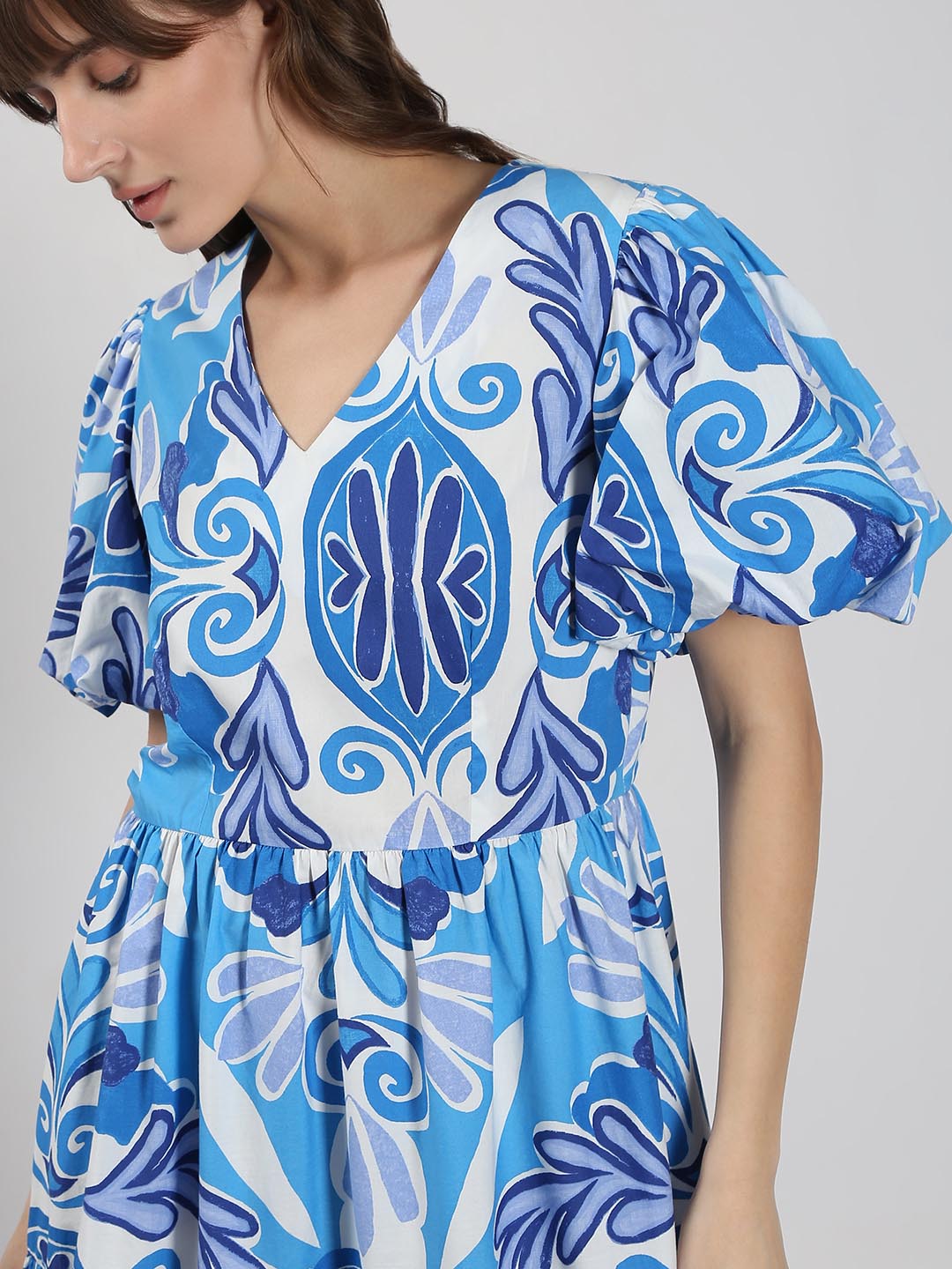 Vero Moda Blue Printed Cotton Midi Dress